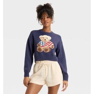 Grayson Threads Women's Teddy Bear Flag Sweater Size Large Blue Cropped Oversize